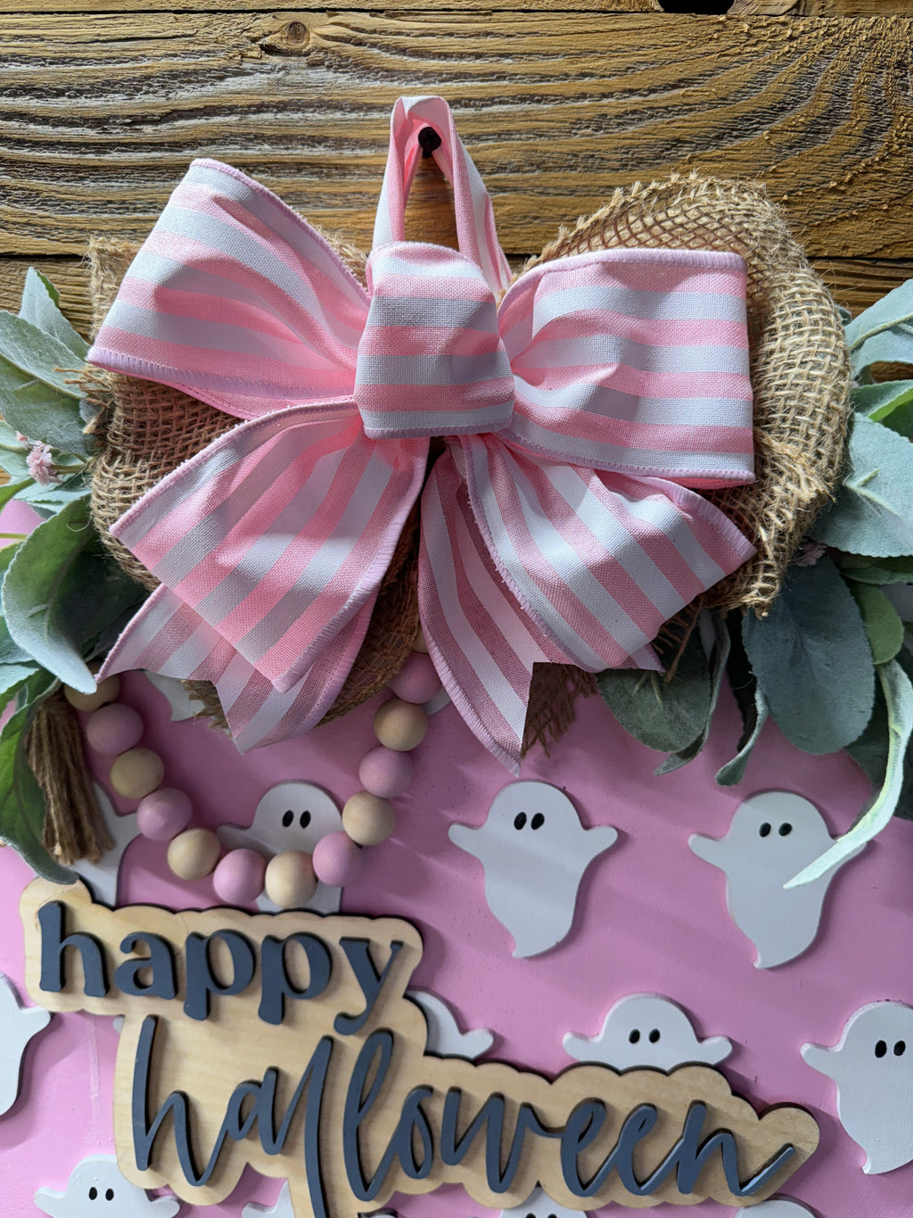 Happy Halloween Pink With White Ghost Door Hanger