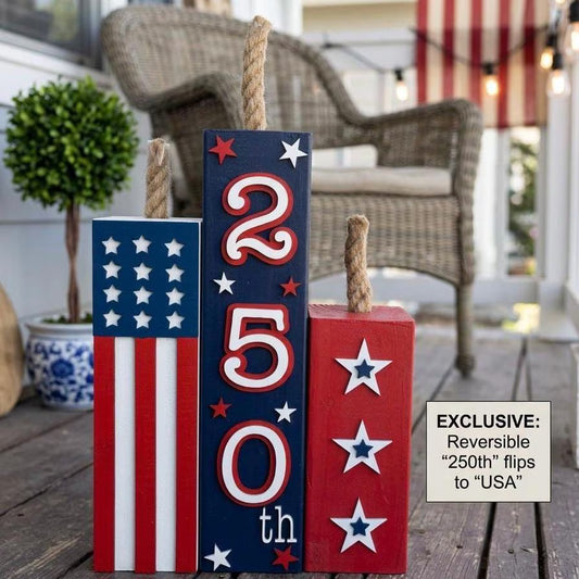 Reversible 4th of July Wood Firecrackers - America 250th Anniversary Decor - Patriotic Porch Shelf Sitter - Red White