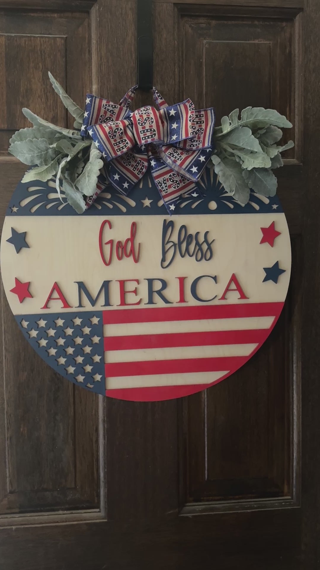 God Bless America Door Hanger | 19" Patriotic Round Sign | Hand Painted Birch Wood | 4th of July Front Door Decor