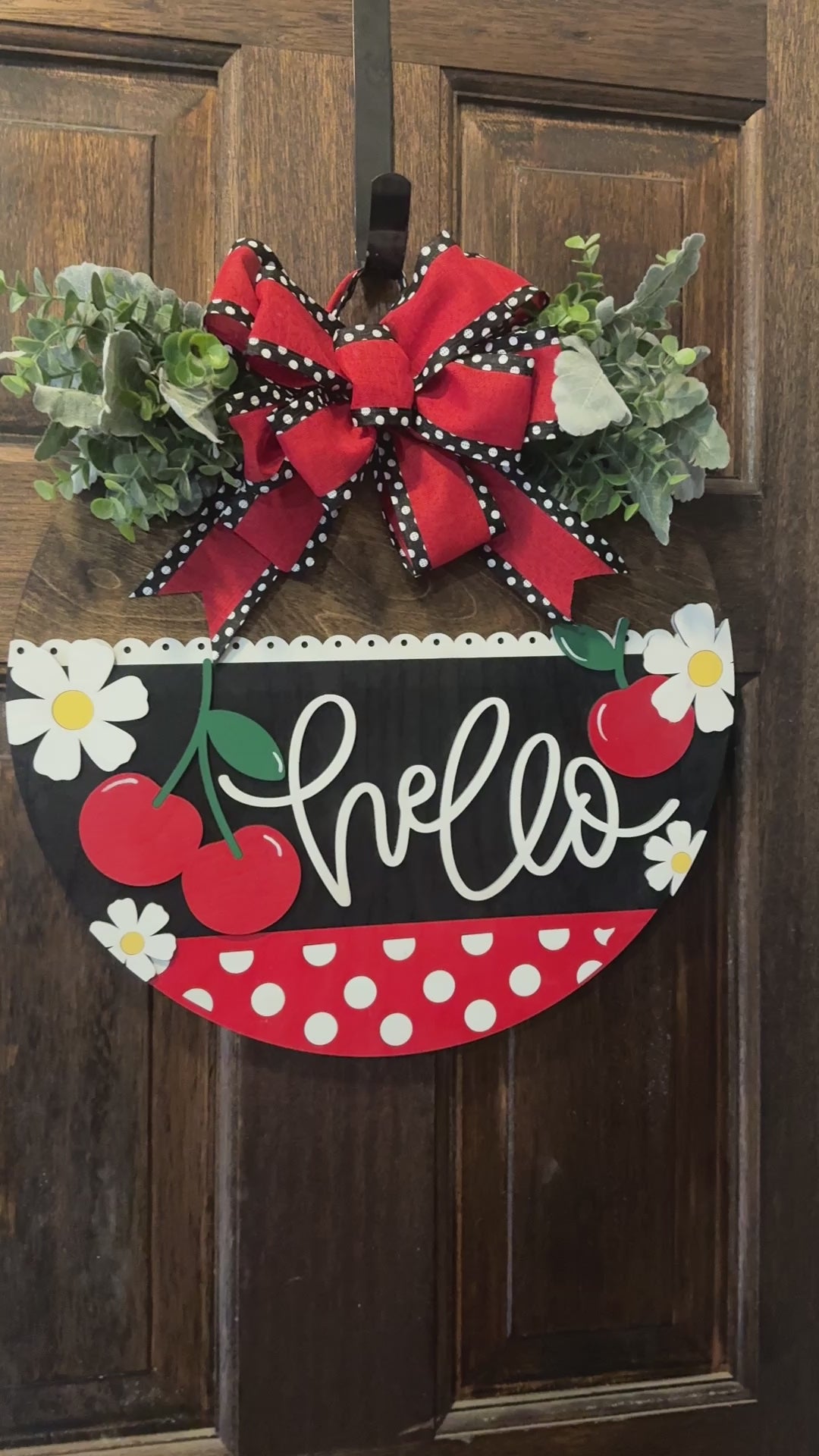 Hello Door Hanger | Red & Black Cherry Wood Round | Front Door Sign | Handcrafted Welcome Sign | Year-Round Porch Decor