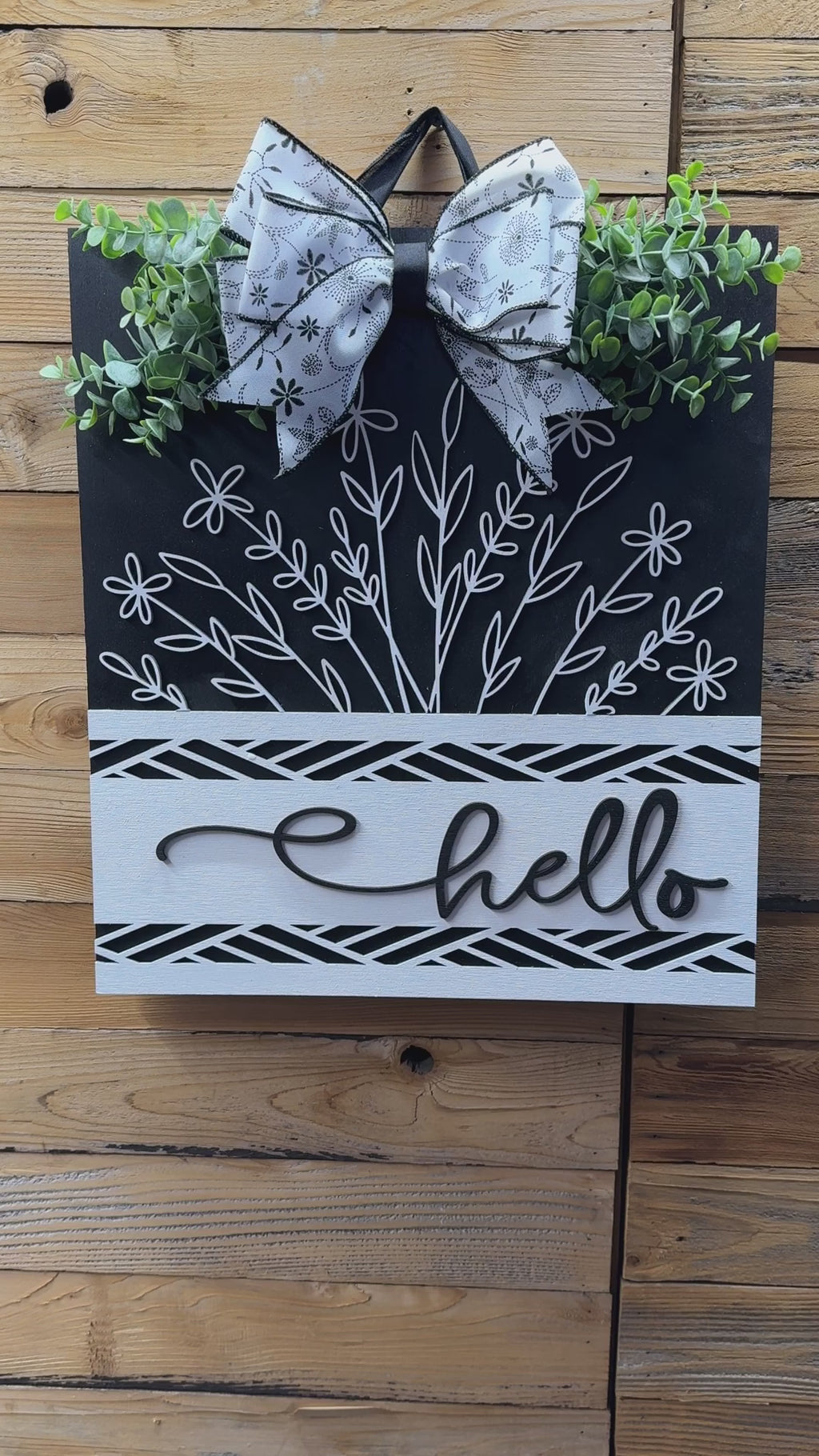 Black and White Floral Hello Square Door Hanger